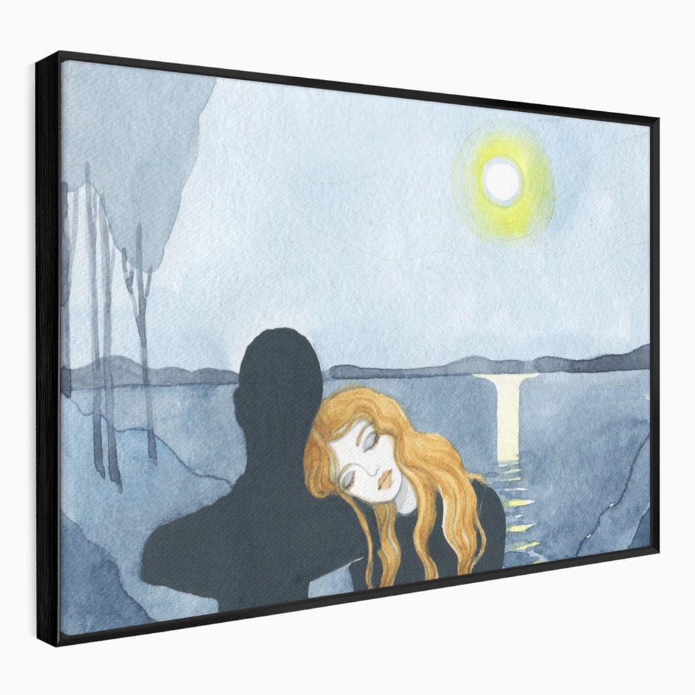 Tablou canvas cu pictura cu un cuplu langa lac, in rama de aluminiu negru